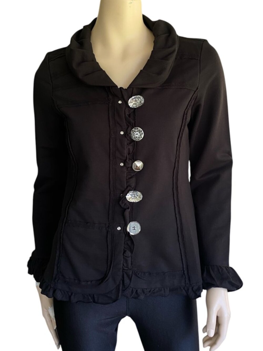 Neon Buddha Black Cotton Ruffle Statement Button Jacket Shacket Sz S